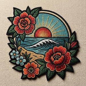May include: Embroidered patch featuring a sunset over the ocean with a breaking wave. The design includes red roses, blue and orange flowers, and green leaves. The patch has a black border and is set against a neutral background.