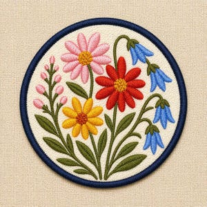 May include: Embroidered patch featuring a floral design. The patch has a cream-colored background with a navy blue border. The flowers include pink, red, yellow, and blue blooms with green leaves. The patch is circular in shape.