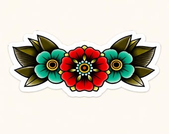 Traditional Tattoo Flower Band Sticker, Vintage Tattoo Flash Decal, Horizontal Floral Tattoo Sticker, Classic Tattoo Style Vinyl