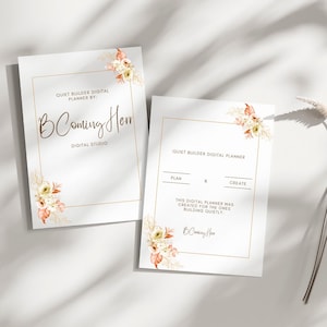 Può includere: Due pagine bianche di pianificatore digitale con accenti floreali e bordi dorati. Il testo recita "Quiet Builder Digital Planner" e "B Coming Herr Digital Studio". Una pagina dice "Plan & Create" e "This digital planner was created for the ones building quietly."