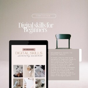 Pode incluir: Um tablet exibe um roteiro de aprendizagem de habilidades digitais, com o texto "Digital skills for Beginners" no topo. A imagem inclui o texto "Beginner's Guide to Digital Skills" e "Download Now".