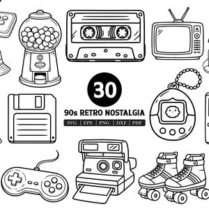 Könnte beinhalten: Schwarz-Weiß-Illustration von Retro-Nostalgie-Icons der 90er Jahre. Enthält einen Kaugummiautomaten, eine Kassette, einen Fernseher, ein Tamagotchi, eine Diskette, Rollschuhe und eine Polaroid-Kamera. Der Text "90s Retro Nostalgia" ist ebenfalls vorhanden.