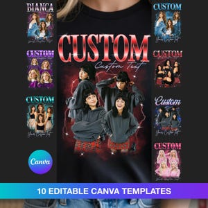 Pode incluir: Camiseta preta com um design personalizado com jovens em moletons com capuz e saias xadrez. A palavra "CUSTOM" é exibida em vermelho, com um efeito reflexivo. Designs adicionais são mostrados à esquerda e à direita. O texto "10 EDITABLE CANVA TEMPLATES" está na parte inferior.