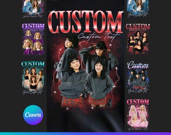 May include: Black t-shirt featuring a custom design with a group of young women in hoodies and plaid skirts. The word "CUSTOM" is prominently displayed in a red, reflective font. Additional designs are shown on the left and right sides. The text "10 EDITABLE CANVA TEMPLATES" is at the bottom.