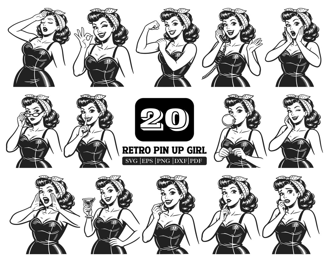 Pin Up Vector Stickers 20 Retro Pin up Girl SVG Bundle | Pop Art Woman Clipart | Vintage Pin ...
