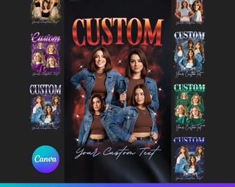 May include: Black t-shirt design with the word "CUSTOM" in orange and a photo collage. The image includes the text "Your Custom Text" and "10 EDITABLE CANVA TEMPLATES".