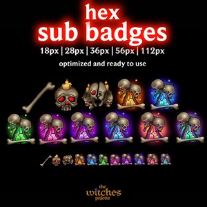 Może przedstawiać: Kolekcja odznak hex sub z motywami czaszek i kości, w różnych kolorach i rozmiarach. Tekst "hex sub badges" jest wyświetlany u góry, wraz ze specyfikacjami rozmiaru. W prawym dolnym rogu znajduje się napis "the witches palette."