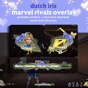 Può includere: Design di overlay digitale con un ritratto di donna e un emblema stilizzato, entrambi adornati con fiori di iris olandesi viola e fiocchi dorati. Il testo "dutch iris marvel rivals overlay" è visualizzato sopra la grafica.