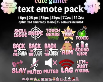 Gamer Text Emote Pack: Twitch, Discord Ready | 15 Emotes each in 10 Different Colours