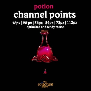 Può includere: Grafica digitale su sfondo nero con le parole "potion channel points" in bianco e rosa. Una bottiglia di pozione rossa stilizzata con un tappo di sughero è l'immagine centrale. È incluso anche il testo "ottimizzato e pronto all'uso".
