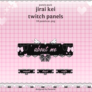 Pode incluir: Um conjunto gráfico digital contendo panels pack jirai kei twitch panels 24 panels as .png. O painel principal exibe o texto about me em escrita branca, decorado com laços pretos, correntes, asas brancas e uma pequena caveira preta.