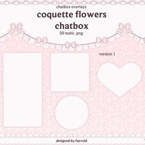 以下が含まれることがあります： chatbox overlays coquette flowers chatbox 20 static .png version 1 designed by faeveldというタイトルのデジタルグラフィックセット。画像は、白い花柄、白いレースの縁取り、ピンクのリボンがあしらわれた淡いピンクの背景が特徴です。