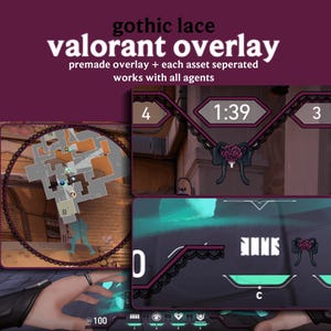 May include: A gothic lace Valorant overlay design with a dark purple background. The overlay includes a map, timer, and score display, all framed with black lace and rose accents. Text on the overlay reads "gothic lace valorant overlay".