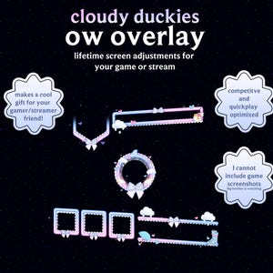 Pode incluir: Um conjunto de sobreposições para streaming digital intitulado cloudy duckies ow overlay com molduras em rosa e azul pastel, uma borda circular para webcam e elementos decorativos como laços, nuvens e guarda-chuvas num fundo estrelado.