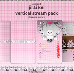 May include: An animated Jirai Kei vertical stream pack with game overlays featuring a pink gingham background. The text reads animated jirai kei vertical stream pack with game overlays, starting, and offline. Includes heart-shaped frames and bows.