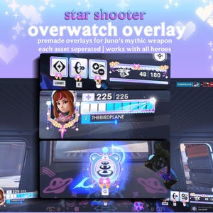 Puede incluir: Diseño de superposición de Overwatch con el texto "star shooter overwatch overlay". El diseño incluye elementos de la interfaz del juego como barras de salud, retratos de personajes e iconos de habilidades, sobre un fondo morado y azul.