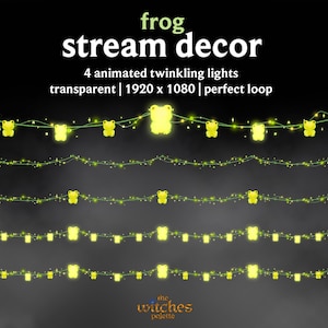 May include: Animated frog stream decor with four strands of twinkling lights. Each strand features glowing yellow frog-shaped lights and small star-shaped lights. The text "frog stream decor" is at the top.