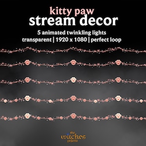 May include: Pink string lights with cat paw prints, perfect for streaming. The text reads "kitty paw stream decor" and "5 animated twinkling lights". The background is dark.