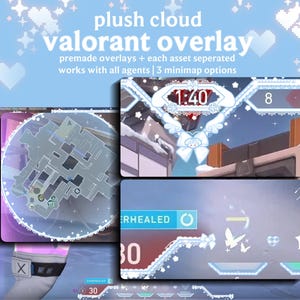 Può includere: Una sovrapposizione digitale per il gioco Valorant, con un design azzurro e bianco. La sovrapposizione include una minimappa, un timer e indicatori di salute. Il testo sulla sovrapposizione include "plush cloud valorant overlay" e statistiche di gioco.