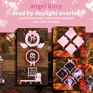 Puede incluir: Conjunto de superposición digital rosa para Dead by Daylight, con el texto "angel kitty dead by daylight overlay". El conjunto incluye superposiciones prefabricadas y cubiertas de ventajas. El diseño incorpora corazones rosas, estrellas y elementos decorativos.