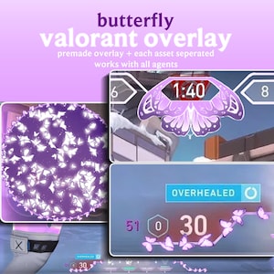 May include: A digital overlay for the game Valorant, featuring a butterfly theme. The design includes a timer, health bar, and a cluster of butterflies. The text reads "butterfly valorant overlay".