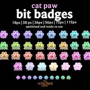 Könnte beinhalten: Eine Sammlung farbenfroher Katzenpfoten-Bit-Abzeichen in verschiedenen Größen, mit Zahlen, die verschiedene Werte angeben. Der Text "cat paw bit badges" steht oben, darunter "optimised and ready to use". Die Abzeichen reichen von 1.0 bis 5M.