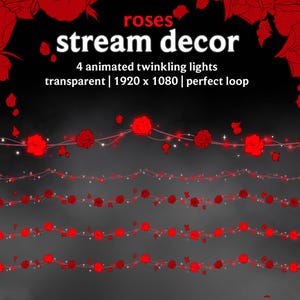Puede incluir: Decoración de transmisión animada con rosas rojas y luces parpadeantes. La imagen muestra cuatro hilos de luces decorativas con un fondo transparente, ideal para proyectos de diseño digital. El texto dice "roses stream decor".