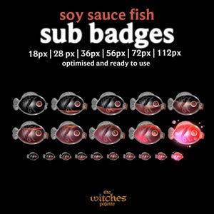 Könnte beinhalten: Eine Sammlung stilisierter Fischillustrationen in verschiedenen Größen, die als Sub-Badges konzipiert sind. Die Fische haben einen dunklen Körper mit roten und schwarzen Details, die an Sojasauce erinnern. Der Text oben lautet "soy sauce fish sub badges".