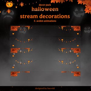 May include: A digital decor pack titled Halloween stream decorations containing 5 .webm animations. The graphics feature orange jack-o'-lanterns, autumn leaves, and string lights against a dark background with ghost silhouettes.