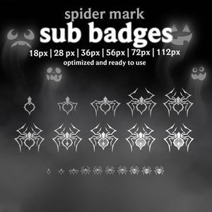May include: A grayscale graphic featuring spider and ghost designs. The text reads "spider mark sub badges" with size specifications. The image includes various spider badge designs in different sizes, optimized for use.