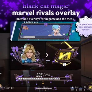 May include: A digital overlay design for the game "Marvel Rivals." The design features a dark color scheme with purple accents, including hearts and bows. The text "black cat magic" and "marvel rivals overlay" are visible. The overlay includes animated options.