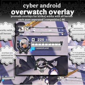 May include: Image of "cyber android overwatch overlay" designs. The image displays in-game UI elements, such as health bars and character portraits. Text indicates compatibility and optimization for competitive play. The design is available for instant download.