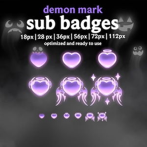 Peut inclure: Graphique numérique présentant des badges de souscription en forme de cœur violets. Le texte "demon mark sub badges" est en haut, avec des spécifications de taille. Les badges varient de 18px à 112px, optimisés pour l'utilisation.