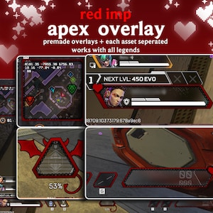 May include: A digital overlay for the game Apex Legends, featuring a red and black color scheme. The overlay includes various game elements, such as a map, player stats, and a level indicator. The text "red imp apex overlay" is displayed at the top.