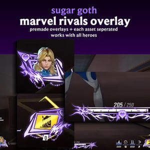 May include: A digital overlay set titled sugar goth marvel rivals overlay featuring purple heart and flame motifs. The graphics include a character portrait frame, a skill icon border, and a health bar display with the text 205 / 250 visible.