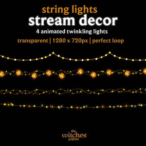 Op de afbeelding: Geanimeerde lichtslingers met de tekst "string lights stream decor" op een zwarte achtergrond. De afbeelding toont vier verschillende geanimeerde lichtslingers, waaronder twinkelende en decoratieve lichten.