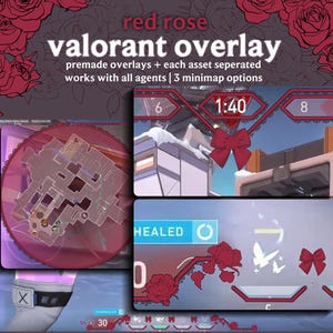 May include: A digital overlay set for the game Valorant, featuring a red rose theme. The design includes premade overlays, minimap options, and game interface elements with a red and white color scheme. Text includes "red rose" and "valorant overlay".