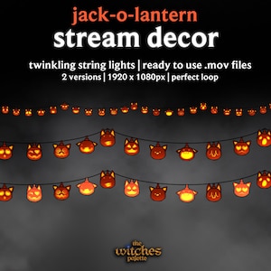 Puede incluir: Luces de cadena animadas de Halloween con caras de jack-o-lantern. Las luces son de color naranja y amarillo, sobre un fondo negro. El texto en la parte superior dice "jack-o-lantern stream decor". Archivos .mov listos para usar.
