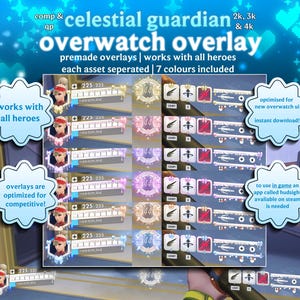 May include: Overwatch overlay graphic with text "celestial guardian" and "overwatch overlay". The image shows premade overlays in various colors, optimized for the new Overwatch UI. Includes text "works with all heroes" and "overlays are optimized for competitive!"