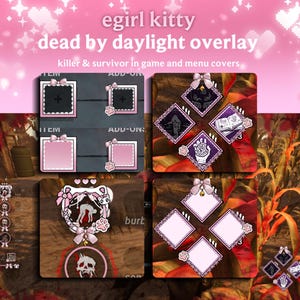 Könnte beinhalten: Ein rosa-weißes Dead by Daylight Overlay-Design mit dem Text "egirl kitty" und "dead by daylight overlay". Das Design umfasst Quadrate mit Schleifen, Pfotenabdrücken und spielbezogenen Grafiken. Das Overlay ist für Killer und Überlebende im Spiel und Menü.
