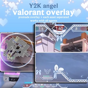 Könnte beinhalten: Ein digitales Overlay für das Spiel Valorant im Y2K-Engel-Design. Das Design umfasst eine Karte, einen Spiel-Timer und eine Punkteanzeige, die alle mit weißer Spitze und blauen Schleifen verziert sind. Der Text enthält "Y2K angel valorant overlay" und "premade overlay + each asset separated".