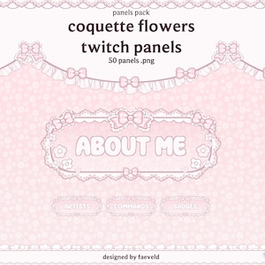 Può includere: Un pacchetto digitale di 50 pannelli Twitch con uno sfondo floreale rosa chiaro, bordi in pizzo bianco e fiocchi. I pannelli includono etichette di testo come ABOUT ME, ARTISTS, COMMANDS e BADGES, presentati in una delicata estetica pastello.