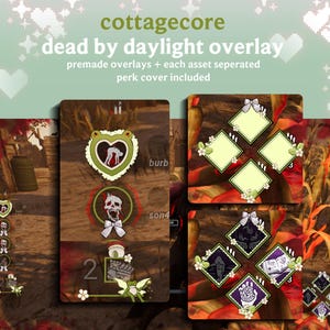 May include: Digital cottagecore Dead by Daylight overlay set. The image features premade overlays with each asset separated, including perk covers. The design incorporates floral elements and a soft color palette, with text that reads "cottagecore" and "dead by daylight overlay."