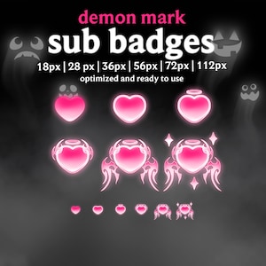 Puede incluir: Gráfico digital con insignias secundarias en forma de corazón rosa con efectos brillantes. El texto "demon mark sub badges" se muestra en la parte superior, junto con las especificaciones de tamaño. Los gráficos de fantasmas y calabazas están en el fondo.