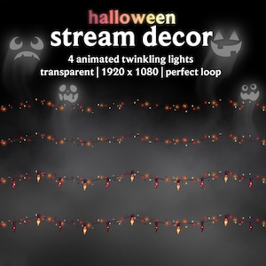 Könnte beinhalten: Halloween-Stream-Dekoration mit vier animierten, funkelnden Lichtern. Das Bild zeigt einen dunklen Hintergrund mit orangefarbenen und roten Lichtern und geisterhaften Figuren. Der Text lautet: "halloween stream decor, 4 animated twinkling lights, transparent, 1920 x 1080, perfect loop."