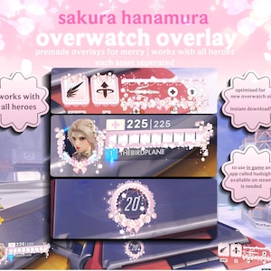 以下が含まれることがあります： 桜の花模様がアクセントのピンクと白のオーバーウォッチオーバーレイ。「sakura hanamura overwatch overlay」と「works with all heroes」の文字。体力バー、キャラクターポートレート、タイマーが含まれています。
