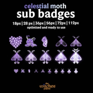 Puede incluir: Gráfico digital con insignias de submoto celestial en varios tamaños. Las insignias, en tonos morados y blancos, presentan diseños de polillas y corazones. El texto en la parte superior dice "celestial moth sub badges".