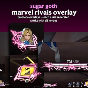 May include: Digital overlay design in pink and black, with the text "sugar goth marvel rivals overlay." The design incorporates a heart and flame motif, and the text reads "premade overlays + each asset separated works with all heroes."