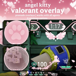 Könnte beinhalten: Rosa und weißes Valorant-Overlay-Design mit Katzenohren und Pfotenabdrücken. Der Text "angel kitty valorant overlay" wird angezeigt. Enthält vorgefertigte Overlays und 6 Minimap-Optionen.