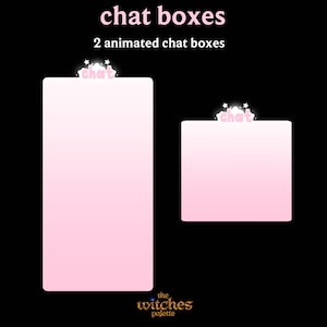 Può includere: Due caselle di chat animate in un gradiente rosa, con la parola "chat" in un design a forma di stella in alto. Il testo "chat boxes" e "2 animated chat boxes" sono in alto. Il logo The Witch's Palette è in basso.